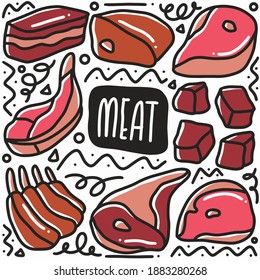 hand drawn raw meat doodle set with icons and design elements