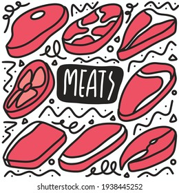 conjunto de doodle de carne cruda dibujado a mano con iconos y elementos de diseño