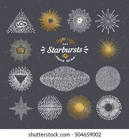 Hand drawn rays and starburst design elements. Collection of sunburst vintage style elements and icons for label and stickers