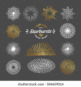 Hand drawn rays and starburst design elements. Collection of sunburst vintage style elements and icons for label and stickers