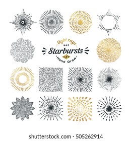 Hand drawn rays and starburst design elements. Collection of sunburst vintage style elements and icons for label and stickers