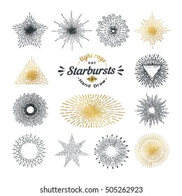 Hand drawn rays and starburst design elements. Collection of sunburst vintage style elements and icons for label and stickers
