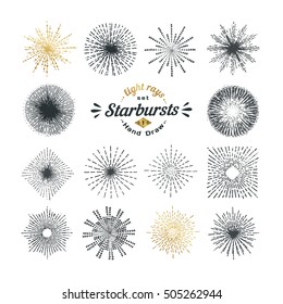 Hand drawn rays and starburst design elements. Collection of sunburst vintage style elements and icons for label and stickers