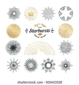 Hand drawn rays and starburst design elements. Collection of sunburst vintage style elements and icons for label and stickers