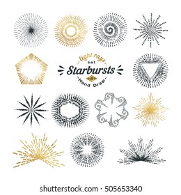 Hand drawn rays and starburst design elements. Collection of sunburst vintage style elements and icons for label and stickers