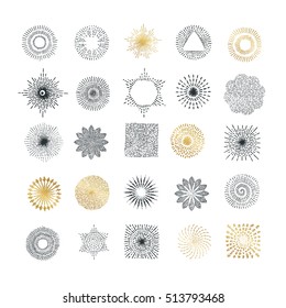 Hand drawn rays and starburst design elements. Collection of sunburst vintage style elements and icons for label and stickers