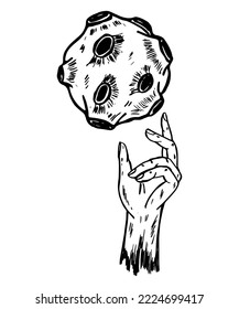 Hand drawn a hand reaching asteroid stone vector art drawing black outline illustration background poster.