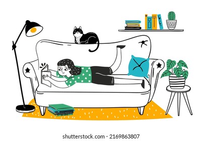 Hand drawn reader girl enjoying hobby lie in sofa. Reader girl with book, reading literature at home, clever character relax. Vector illustration