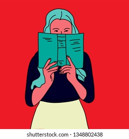 hand drawn reading girl flat pop art design style vector illustration