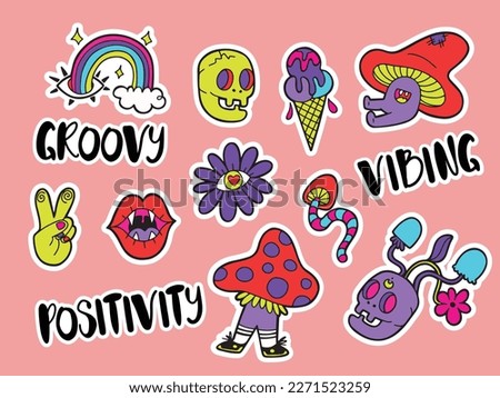 Hand drawn ready set with cool and trippy stickers, psychedelic objects and signs. Isolated vector illustration in old-school cartoon design
