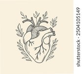  Hand drawn real human heart with flower