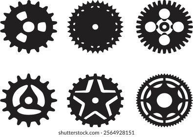 Hand drawn realistic 3d gear and bicycle stars. Industrial profiled wheel with teeth that engages with a chain. Transmission cogwheels and gears for machines on white.