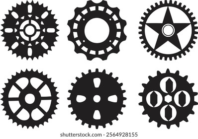 Hand drawn realistic 3d gear and bicycle stars. Industrial profiled wheel with teeth that engages with a chain. Transmission cogwheels and gears for machines on white.