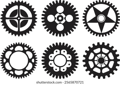 Hand drawn realistic 3d gear and bicycle stars. Industrial profiled wheel with teeth that engages with a chain. Transmission cogwheels and gears for machines, editable EPS 10.