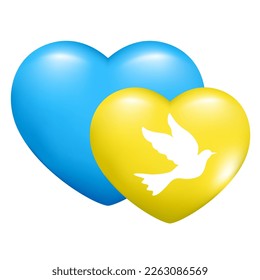 Hand drawn realistic 3d heart. Ukraine blue and yellow flag peace heart and dove bird. Symbol of peace and freedom of Ukraine. Abstract vector illustration isolated on white background