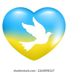 Hand drawn realistic 3d heart. Ukraine blue and yellow flag peace heart and dove bird. Symbol of peace and freedom of Ukraine. Abstract vector illustration isolated on white background