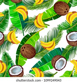 Hand drawn realistic bananas, coconuts and leaves pattern. Colorful vector illustration. Suitable for any kind of design