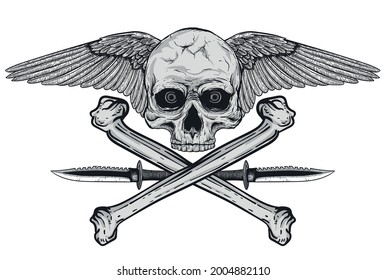 Hand drawn realistic black and white human skull with wings and army knife