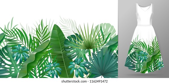 Hand drawn realistic branches and leaves of tropical plants. Vivid line horizontal leaves pattern. Green seamless border on dress mockup.