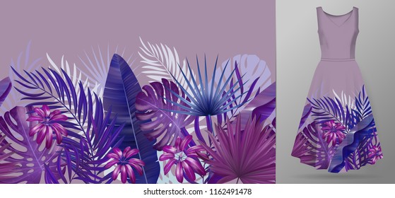 Hand drawn realistic branches and leaves of tropical plants. Vivid line horizontal leaves pattern. Purple seamless border on dress mockup.