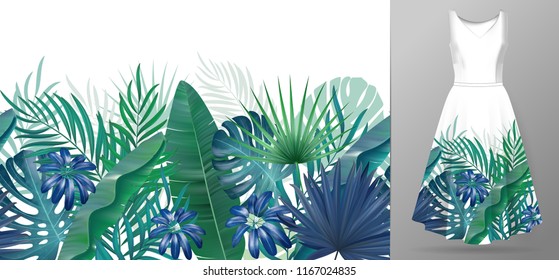 Hand Drawn Realistic Branches And Leaves Of Tropical Plants. Vivid Line Horizontal Leaves Pattern. Green Blue Seamless Border On Dress Mockup.