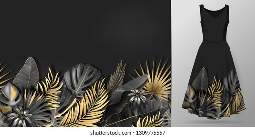 Hand drawn realistic branches and leaves of tropical plants. Vivid line horizontal leaves pattern. Gold black seamless border on dress mockup.