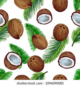 Hand drawn realistic coconut and palm leaves pattern. Colorful vector illustration. Suitable for any kind of design