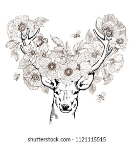 Hand drawn realistic deer surrounded by flowers. Beautiful highly detailed vector artwork isolated. Medieval atmosphere. Elegant tattoo design, Love and freedom symbol. Print, posters, t-shirts. Deer