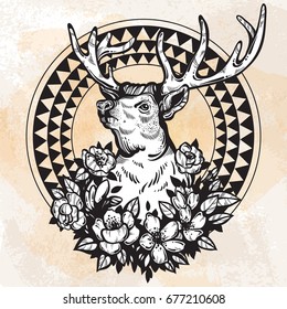 Hand drawn realistic deer surrounded by flowers and tribal geometric ornament. Beautiful highly detailed vector artwork isolated on colorful background. Elegant tattoo design, Love and freedom symbol.