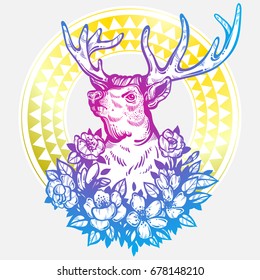 Hand drawn realistic deer surrounded by flowers and tribal geometric ornament. Beautiful highly detailed vector artwork isolated on colorful background. Elegant tattoo design, Love and freedom symbol.