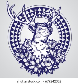 Hand drawn realistic deer surrounded by flowers and tribal geometric ornament. Beautiful highly detailed vector artwork isolated on colorful background. Elegant tattoo design, Love and freedom symbol.