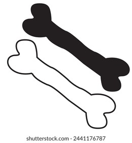 Hand drawn realistic human bones. Black And White Outlined Dog Bone Cartoon Drawing Simple Design. Illustration Isolated On White Background.