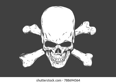Hand drawn realistic human skull and bones. Monochrome vector illustration on black background.