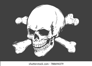 Hand drawn realistic human skull and bones. Monochrome vector illustration on black background.