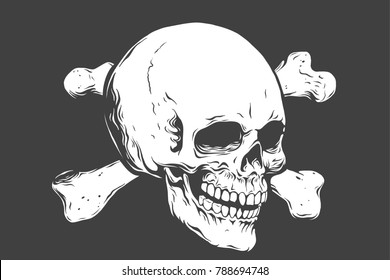 Hand drawn realistic human skull and bones. Monochrome vector illustration on black background.