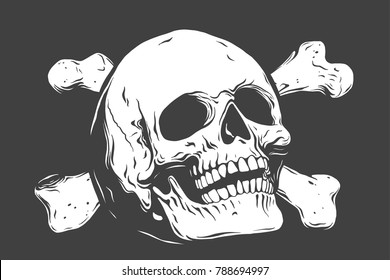 Hand drawn realistic human skull and bones. Monochrome vector illustration on black background.