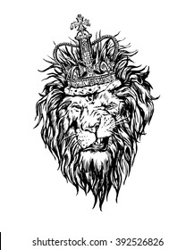 Hand drawn realistic lion in crown character.