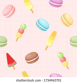 Macarons realistas dibujados a mano pastel helado crema ilustración fondo sin fisuras, helado, papel de pared, decoración de empaque, comida de verano bebida fría