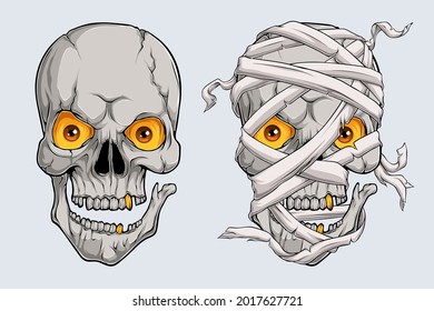 Hand drawn realistic scary mummy skull faces, horrifying Egyptian mummy heads  with orange eyes