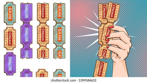 Hand drawn realistic sketch of hand with different tickets, vector illustration in pop art style, set of tickets