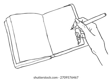 Dibujado a mano marco de boceto realista con bloc de notas abierto y mano con pluma.
