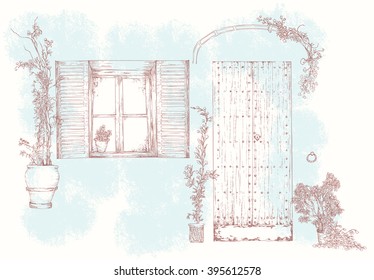 Hand drawn realistic Sketch of old street: wooden door, window with a sun blind, iron loops, canopies, flowers in pots - separate isolated elements. Retro Vector illustration, made in vintage style.