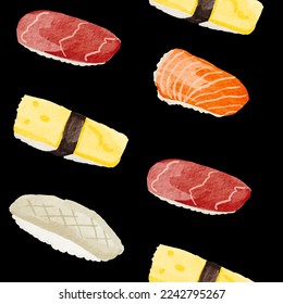 Hand drawn realistic sushi nigiri seamless pattern. watercolour Japanese sushi design on black background. Asian food for flyer, banner, cover, print, menu. Vector illustration