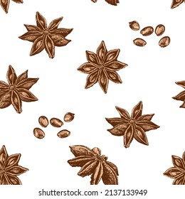 Hand drawn realistic vector seamless pattern of chinese star anise seed isolated on white background. Dried Star Aniseed or lllicium Verum. Used as a seasoning spice herb in cooking for food, dessert