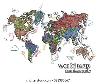 Hand drawn realistic world map. Concept with doodle icons.