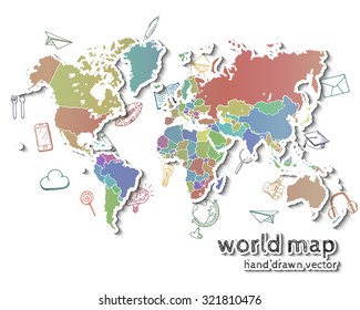 Hand drawn realistic world map. Concept with doodle icons.