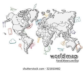 Hand Drawn Realistic World Map. Concept With Doodle Icons.