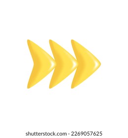 Hand drawn realistic yellow 3d arrow. Shape of pointing right 3d icon. Design of realistic sign. Abstract vector illustration isolated on white background