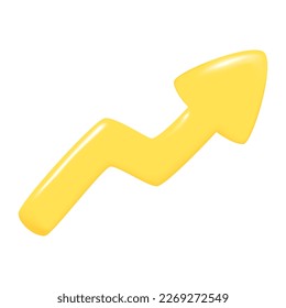 Hand drawn realistic yellow 3d arrow. Shape of pointing right up 3d icon. Design of realistic arrow sign. Abstract vector illustration isolated on white background