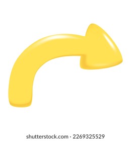 Hand drawn realistic yellow 3d arrow. Shape of pointing round right 3d icon. Design of realistic arrow sign. Abstract vector illustration isolated on white background